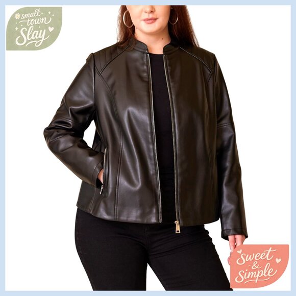 Plus Size Faux Leather Motorcycle Jacket with Quilted Shoulders
